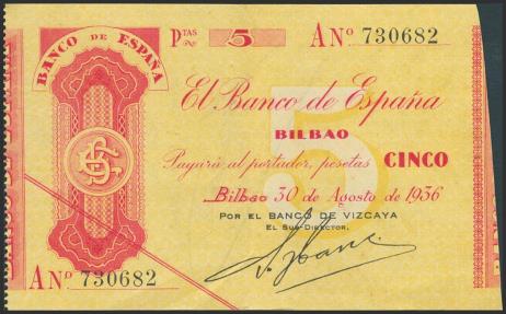 World Coins - 5 Pesetas. 30 de Agosto de 1936. Sucursal de Bilbao, antefirma del Banco de Vizcaya. Serie A. (Edifil 2023: 368Aa). Inusual en esta excepcional calidad, especialmente con apresto