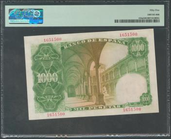 World Coins - 1000 Pesetas. 19 de Febrero de 1946. Sin serie. (Edifil 2017: 453). Muy raro en esta excepcional conservación. EBC+. Encapsulado PMG55. (para hacerse una idea de la rareza de este