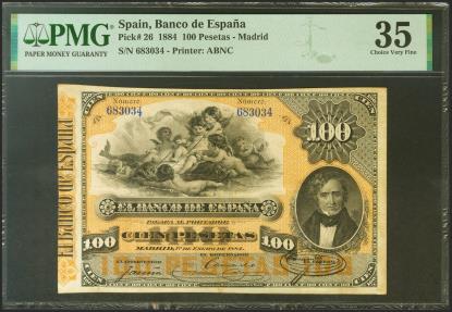 World Coins - 100 Pesetas. 1 de Enero de 1884. Sin serie. (Edifil 2021: 284, Pick: 26). Muy raro, especialmente sin reparaciones y en esta calidad. MBC+. Encapsulado PMG35.