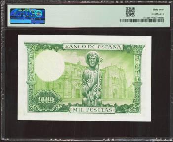 World Coins - 1000 Pesetas. 19 de Noviembre de 1965. Sin serie. (Edifil 2021: 471, Pick: 151). Inusual. SC. Encapsulado PMG64.