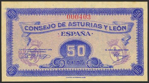 World Coins - 50 Céntimos. 1937. Asturias y León. Sin serie y numeración baja (Nº000403). (Edifil 2023: 396). Muy raro en esta calidad, apresto original. SC-.