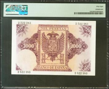 World Coins - 1000 Pesetas. 21 de Octubre de 1940. Sin serie. (Edifil 2021: 445, Pick: 125a). Inusual en esta calidad. EBC++. Encapsulado PMG58.