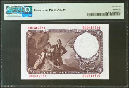 World Coins - 100 Pesetas. 19 de Febrero de 1946. Serie B. (Edifil 2021: 451b, Pick: 131a). Raro en esta excepcional calidad, apresto original. SC. Encapsulado PMG67EPQ.