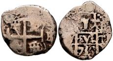 World Coins - FELIPE V (1700-1746). 1 Real. (Ar. 3,49g/17mm). 1734. Potosí E. (Cal-2019-594). Doble ensayador. BC. Perforación reparada.