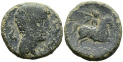 Ancient Coins - ILTIRTA (Lérida). As. (Ae. 11,95g/28mm). 200-20 a.C. (FAB-1465). Anv: Cabeza masculina a derecha, alrededor tres delfines. Rev: Jinete con palma a derecha, debajo leyenda ibérica: