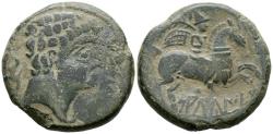 Ancient Coins - SALDUIE (Zaragoza). As. (Ae. 9,82g/26mm). 120-30 a.C. (FAB-305). Anv: Cabeza masculina rodeada de tres delfines a derecha. Rev: Jinete con palma y clámide a derecha, debajo leyend