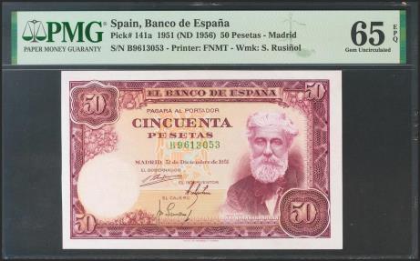 World Coins - 50 Pesetas. 31 de Diciembre de 1951. Serie B. (Edifil 2017: 462a). Inusual así, conserva todo su apresto original. SC. Encapsulado PMG65EPQ.