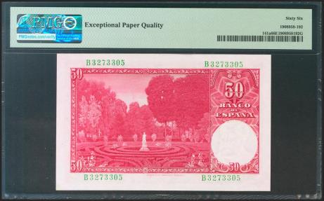 World Coins - 50 Pesetas. 31 de Diciembre de 1951. Serie B. (Edifil 2021: 462a, Pick: 141a). Rarísimo en esta calidad, apresto original. SC. Encapsulado PMG66EPQ.