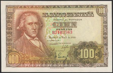 World Coins - 100 Pesetas. 2 de Mayo de 1948. Serie B. (Edifil 2023: 456a). Apresto original. SC-.
