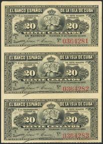 World Coins - BANCO ESPAÑOL DE LA ISLA DE CUBA. Conjunto de 3 billetes correlativos de 20 Centavos (sin desprender), emitidos el 15 de Febrero de 1897 (Edifil 2023: 85, Pick: 53a). Apresto orig