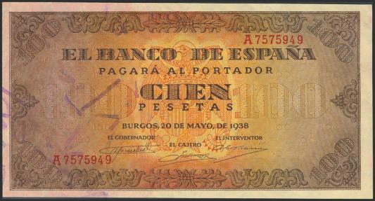 World Coins - 100 Pesetas. 20 de Mayo de 1938. Serie A. (Edifil 2023: 432). Apresto original. EBC++.