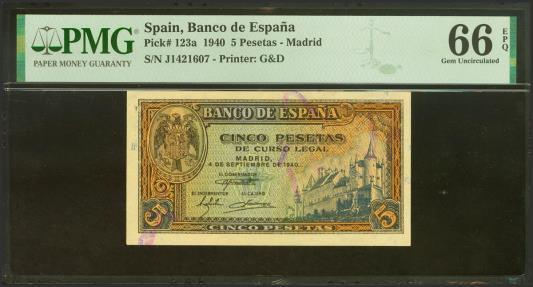 World Coins - 5 Pesetas. 4 de Septiembre de 1940. Serie J. (Edifil 2021: 443a, Pick: 123a). Raro en esta excepcional calidad, apresto original. SC. Encapsulado PMG66EPQ.