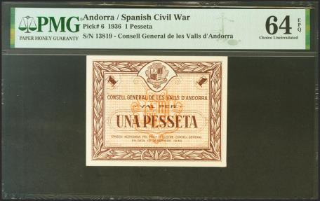 World Coins - ANDORRA. 1 Peseta. 19 de Diciembre de 1936. Sin serie. (Edifil 2021: 3, Pick: 6). Raro, especialmente en esta excepcional calidad, apresto original. Encapsulado PMG64EPQ.