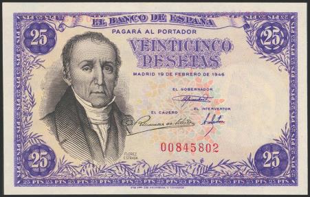 World Coins - 25 Pesetas. 19 de Febrero de 1946. Sin serie. (Edifil 2021: 450). EBC+.