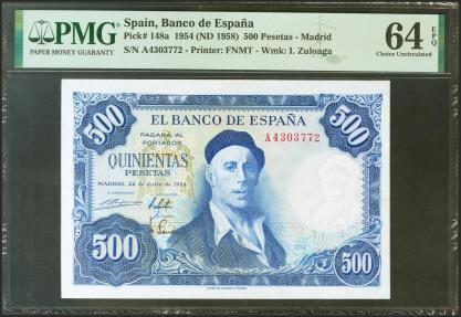 World Coins - 500 Pesetas. 22 de Julio de 1954. Serie A. (Edifil 2021: 468a, Pick: 148a). Inusual en esta calidad, apresto original. SC. Encapsulado PMG64EPQ.