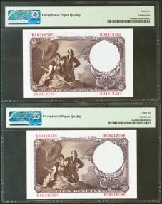 World Coins - 100 Pesetas. 19 de Febrero de 1946. Pareja correlativa. Serie B. (Edifil 2017: 451b). Conserva todo su apresto original. SC. Encapsulados PMG66EPQ, ambos.