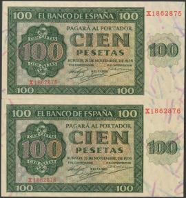 World Coins - 100 Pesetas. 21 de Noviembre de 1936. Pareja correlativa. Serie X, última serie emitida. (Edifil 2017: 421a). Apresto original. SC-.