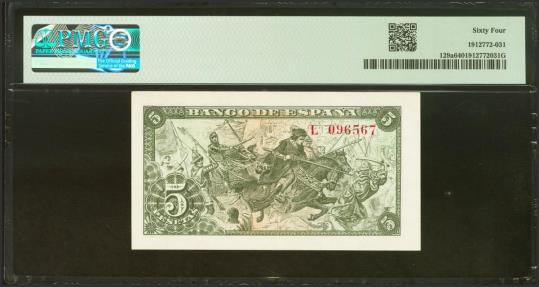 World Coins - 5 Pesetas. 15 de Junio de 1945. Serie L, última serie emitida. (Edifil 2021: 449a, Pick: 129a). Raro. SC. Encapsulado PMG64.