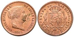 World Coins - ISABEL II (1833-1868). 5 Céntimos de Real. (Ae. 1,97g/17mm). 1864. Segovia. (Cal-2019-169). SC-. Magnífica pieza que mantiene el brillo y color original, escaso así.