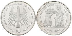 World Coins - ALEMANIA. 10 Marcos (Ar. 15,48g/33mm). 2000. Karlsruhe G. 1200 Aniversario Catedral de Aachen. (Km#200). SC-.
