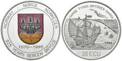 World Coins - NORUEGA. 20 Ecu. 925 Aniversario Bergen Bryce  1995. (Ar. 24,99g/38,3mm). Proof.