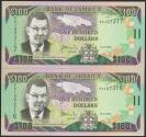 World Coins - JAMAICA. 100 Dollars. 15 January 2002. Consecutive pair. (Pick: 80b). Uncirculated.