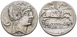 Ancient Coins - SECOBIRICES (Saelices, Cuenca). Denario. (Ar. 3,48g/20mm). 120-30 a.C. (FAB-2169). Anv: Cabeza masculina a derecha, detrás creciente y punto, debajo letra ibérica: S. Rev: Jinete