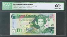 World Coins - EAST CARIBBEAN STATES. 5 Dollars. 1993. Antigua. (Pick: 26a). ICG66* (small ink smudge on reverse).