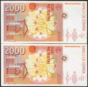 World Coins - 2000 Pesetas. 24 de Abril de 1992. Pareja correlativa. Sin serie y numeración bajísima. (Edifil 2021: 482). SC--.