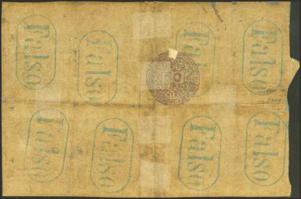 World Coins - 50 Pesos. 1869. Banco Español de la Habana, emisión de Nueva York. Falso de época, con diferentes estampaciones de la marca FALSO, tanto en anverso como en reverso. Serie 3ª. (Pic