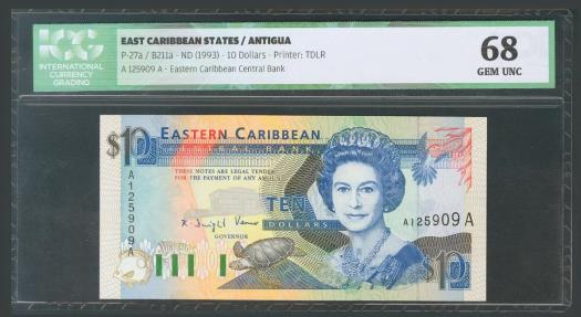 World Coins - EAST CARIBBEAN STATES. 10 Dollars. 1993. Antigua. (Pick: 27a). ICG68.