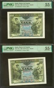 World Coins - 100 Pesetas. 30 de Junio de 1906. Pareja correlativa. Serie B. (Edifil 2023: 313a, Pick: 59a). Apresto original. EBC++. Encapsulados PMG55EPQ, ambos.