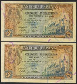 World Coins - 5 Pesetas. 4 de Septiembre de 1940. Pareja correlativa. Serie H. (Edifil 2017: 443a). Apresto original. SC-.