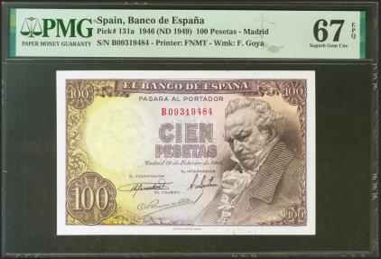 World Coins - 100 Pesetas. 19 de Febrero de 1946. Serie B. (Edifil 2021: 451b, Pick: 131a). Raro en esta excepcional calidad, apresto original. SC. Encapsulado PMG67EPQ.