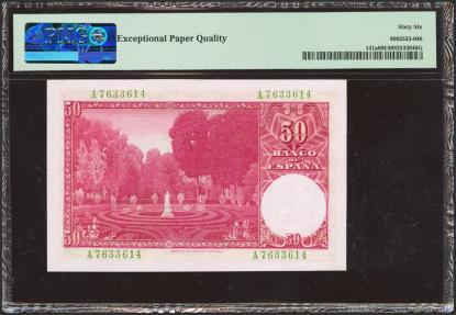 World Coins - 50 Pesetas. 31 de Diciembre de 1951. Serie A. (Edifil 2023: 462a). Inusual conservando todo su apresto original. SC. Encapsulado PMG66EPQ.