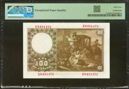 World Coins - 100 Pesetas. 2 de Mayo de 1948. Serie E. (Edifil 2023: 456a, Pick: 137a). Apresto original. SC. Encapsulado PMG64EPQ.