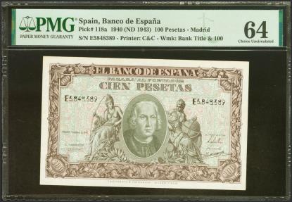 World Coins - 100 Pesetas. 9 de Enero de 1940. Serie E. (Edifil 2023: 438a, Pick: 118a). Inusual en esta calidad. SC. Encapsulado PMG64.