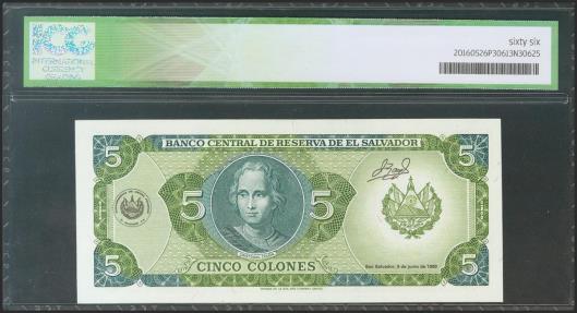 World Coins - EL SALVADOR. 5 Colones. 16 May 1990. (Pick: 138a). ICG66.