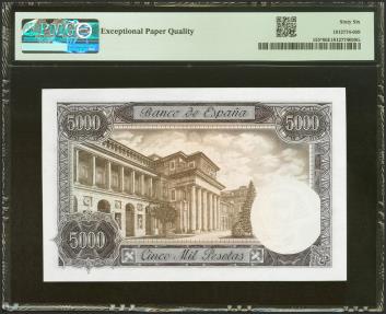 World Coins - 5000 Pesetas. 6 de Febrero de 1976. Serie especial 9A. (Edifil 2021: 475b, Pick: 155*). Rarísimo en esta excepcional calidad, apresto original. SC. Encapsulado PMG66EPQ.