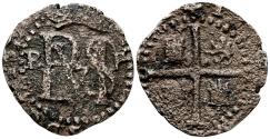 World Coins - FELIPE II (1556-1598). 1/2 Real. (Ar. 1,11g/16mm). S/D (1578-1595). Potosí BP. (Cal-2019-144). BC+. Oxidaciones. Escasa.