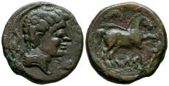 Ancient Coins - CELSE (Velilla del Ebro, Zaragoza). Semis. (Ae. 6,10g/20mm). 120-50 a.C. (FAB-782). Anv: Cabeza masculina a derecha rodeada de tres delfines. Rev: Caballo con brida a derecha, enc
