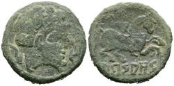 Ancient Coins - ARSAOS (Zona de Navarra). As. (Ae. 7,18g/22mm). 120-80 a.C. (FAB-145). Anv: Cabeza masculina y barbada a derecha entre dos delfines, arte degenerado. Rev: Jinete con dardo a derec