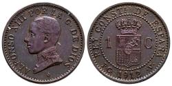 World Coins - ALFONSO XIII (1885-1931). 1 Céntimo. (Ae. 1,00g/15mm). 1912 *2. Madrid PCV. (Cal-4). EBC+. Bonito tono.