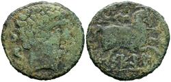Ancient Coins - SEGIA (Ejea de los Caballeros, Zaragoza). As. (Ae. 7,98g/27mm). 120-20 a.C. (FAB-2157). Anv: Cabeza barbada masculina a derecha, detrás dos delfines. Rev: Jinete con lanza a derec