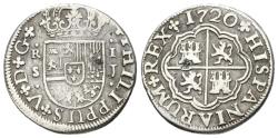 World Coins - FELIPE V. 1 Real. 1720. Sevilla J. Cal-1708. Ar. 1,89g. MBC-. Rarísima. Ex Numisma 113.