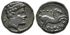Ancient Coins - BELIGIOM. Cuadrante. 120-20 a.C. Belchite (Zaragoza). A/ Cabeza diademada a derecha, detrás signo ibérico Be. R/ Caballo galopando a derecha, encima cuatro glóbulos, debajo leyend