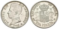 World Coins - ALFONSO XIII (1885-1931). 1 Peseta. (Ar. 5,02g/23mm). 1905 *19-05. Madrid SMV. (Cal-2019-70). EBC. Ligeramente limpiado, aun así  bonito ejemplar escaso así.