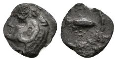 Ancient Coins - GADES. Hemióbolo. 300-200 a.C. Cádiz. A/ Cabeza de Melkart a izquierda recubierta con piel de león. R/ Atún a derecha. FAB-1310. Ar. 0,27g. MBC.
