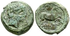 Ancient Coins - SALDUIE (Zaragoza). Semis. (Ae. 5,99g/18mm). 120-30 a.C. (FAB-308). Anv: Cabeza masculina a derecha rodeada de tres delfines. Rev: Caballo a derecha, encima creciente, debajo leye