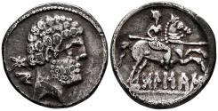 Ancient Coins - BOLSCAN (Huesca). Denario. (Ar. 3,31g/18mm). 180-20 a.C. (FAB-1911). Anv: Cabeza masculina barbada a derecha, detrás letras ibéricas: BoN. Rev: Jinete con lanza a derecha, bajo le